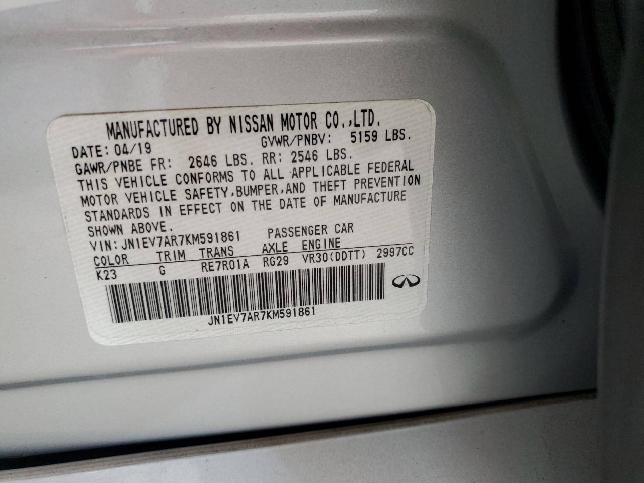 2019 Infiniti Q50 Luxe VIN: JN1EV7AR7KM591861 Lot: 62541705