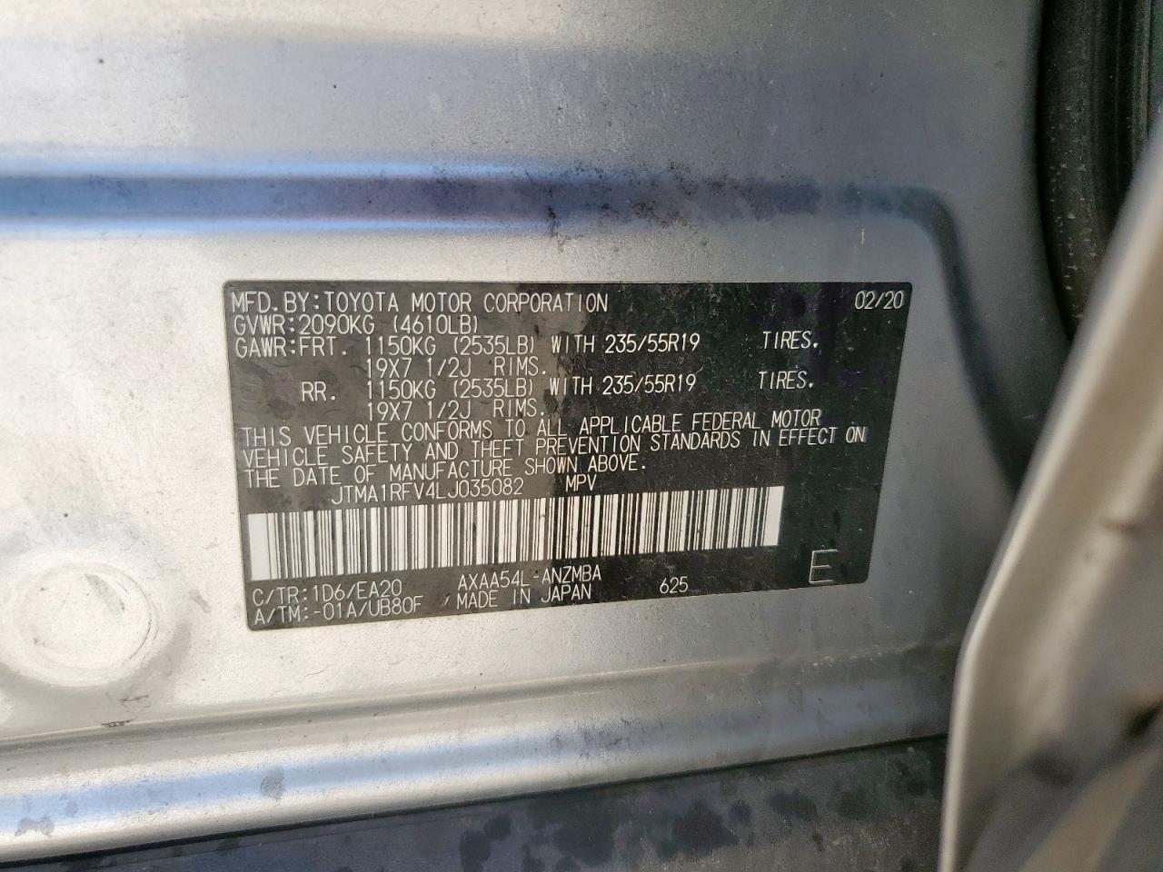 2020 Toyota Rav4 Xle Premium VIN: JTMA1RFV4LJ035082 Lot: 62845695