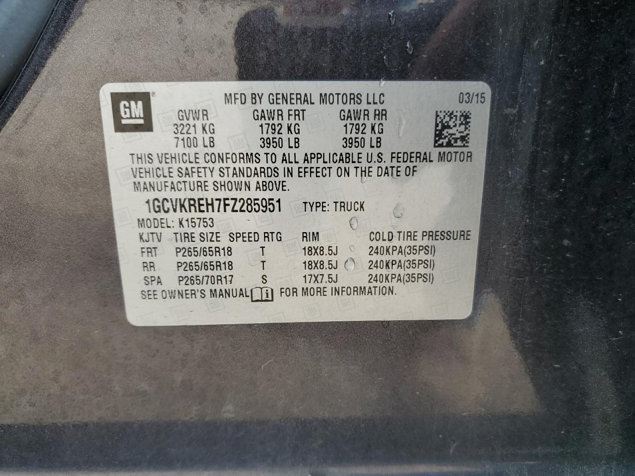 2015 Chevrolet Silverado K1500 Lt VIN: 1GCVKREH7FZ285951 Lot: 62515565