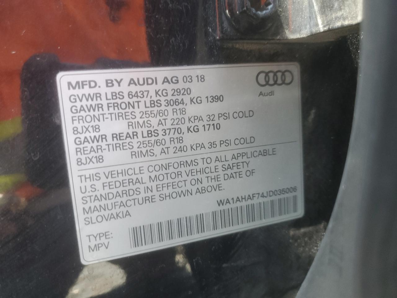 2018 Audi Q7 Premium VIN: WA1AHAF74JD035006 Lot: 61036295