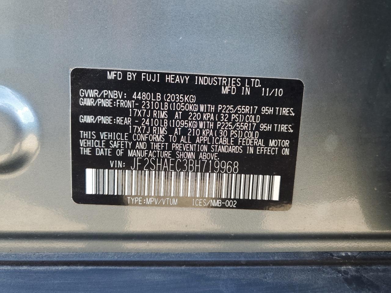 2011 Subaru Forester Limited VIN: JF2SHAEC3BH719968 Lot: 62735785
