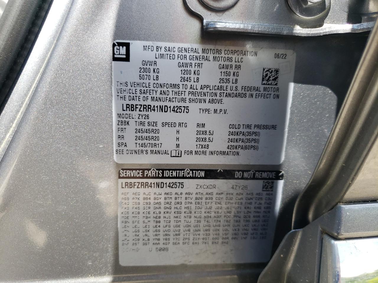 2022 Buick Envision Avenir VIN: LRBFZRR41ND142575 Lot: 62653295