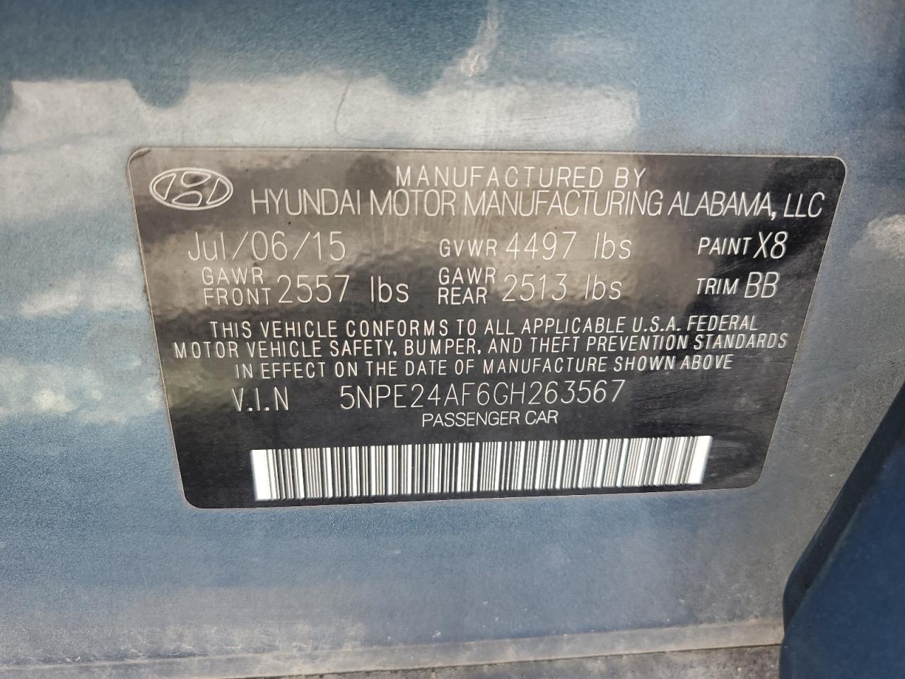 2016 Hyundai Sonata Se VIN: 5NPE24AF6GH263567 Lot: 61018995