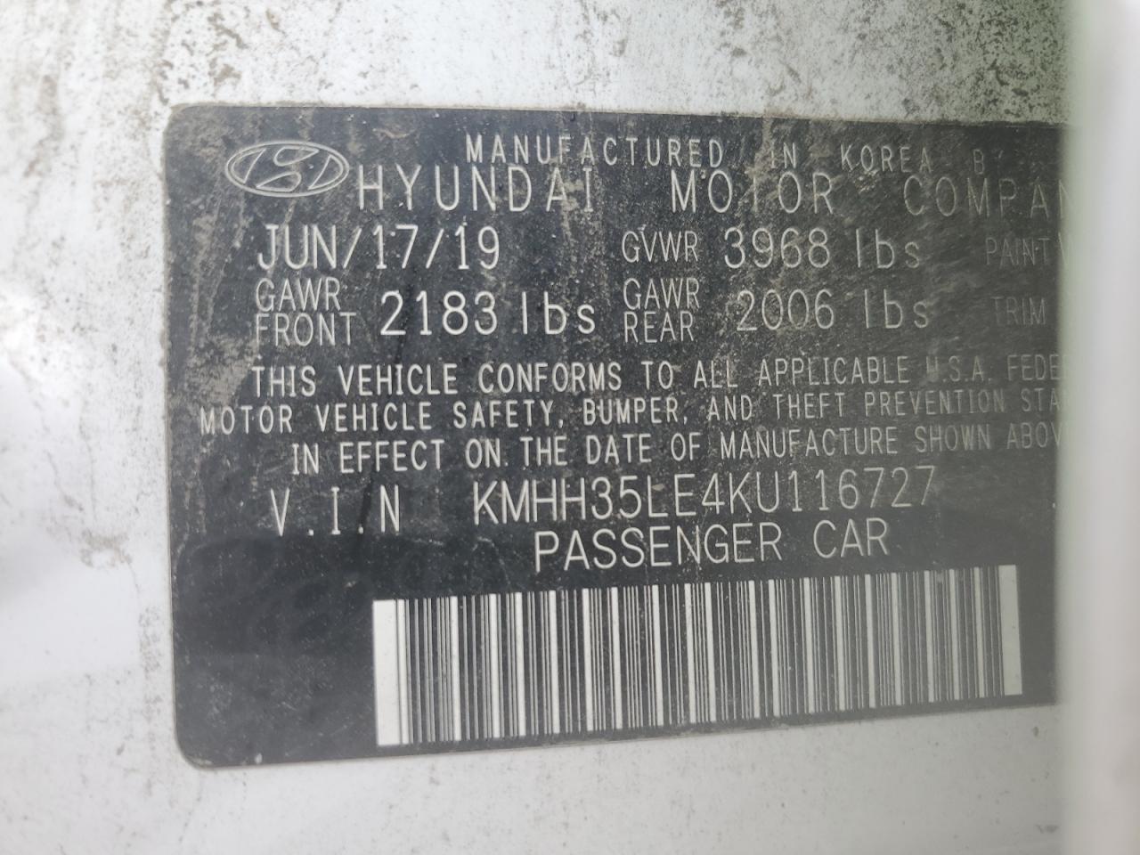 2019 Hyundai Elantra Gt VIN: KMHH35LE4KU116727 Lot: 58552435