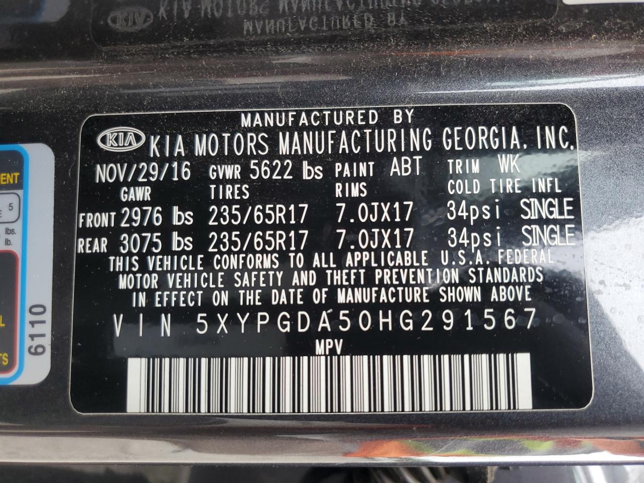 KIA SORENTO 2017 VIN 5XYPGDA50HG291567 zdjęcie 13
