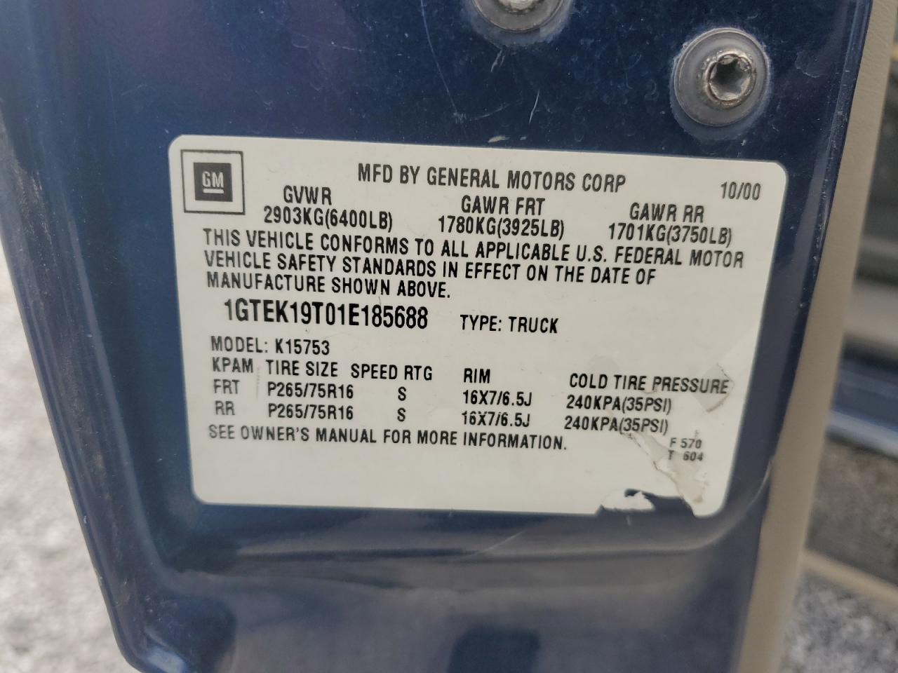 2001 GMC New Sierra K1500 VIN: 1GTEK19T01E185688 Lot: 59606775