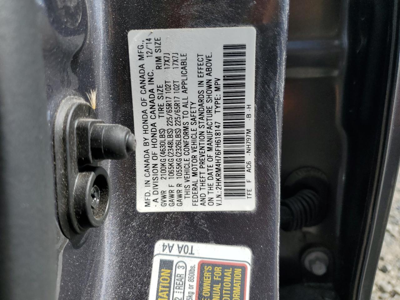 2015 Honda Cr-V Exl VIN: 2HKRM4H76FH618147 Lot: 61294695