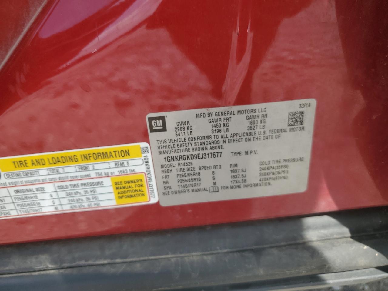2014 Chevrolet Traverse Lt VIN: 1GNKRGKD9EJ317677 Lot: 61557275