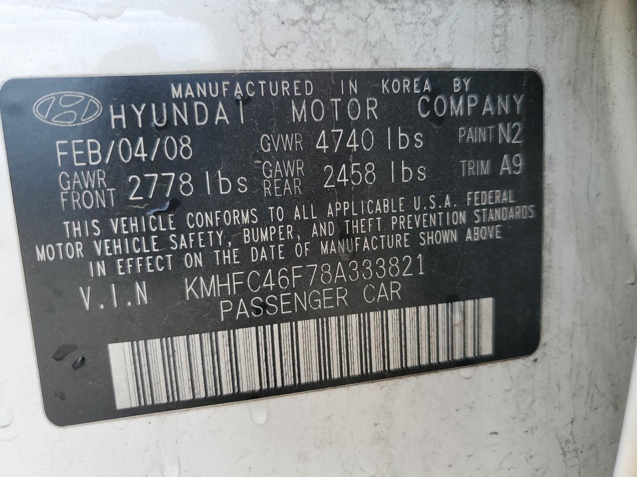 2008 Hyundai Azera Se VIN: KMHFC46F78A333821 Lot: 61246295