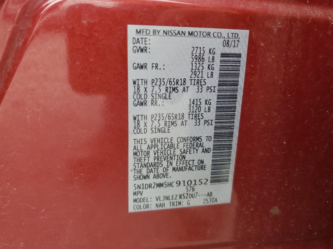 2017 Nissan Pathfinder S VIN: 5N1DR2MM5HC910152 Lot: 62941865