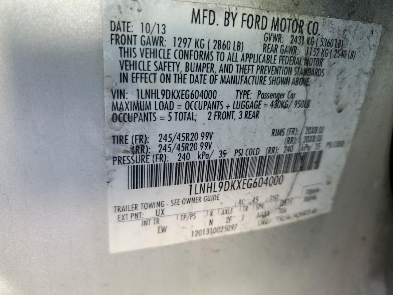 2014 Lincoln Mks VIN: 1LNHL9DKXEG604000 Lot: 61927085