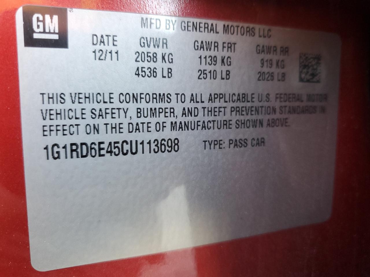 2012 Chevrolet Volt VIN: 1G1RD6E45CU113698 Lot: 62192665