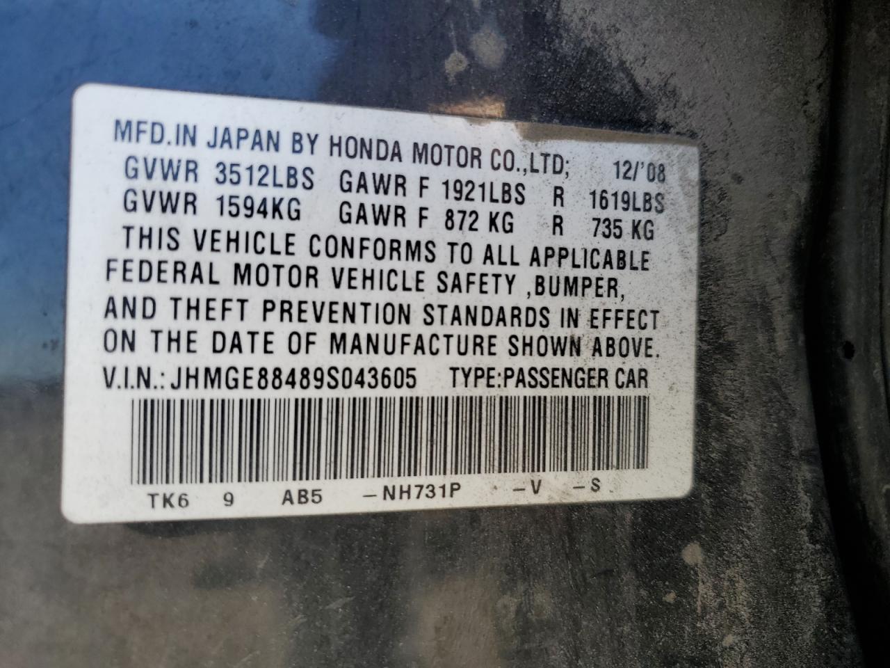 2009 Honda Fit Sport VIN: JHMGE88489S043605 Lot: 60164185