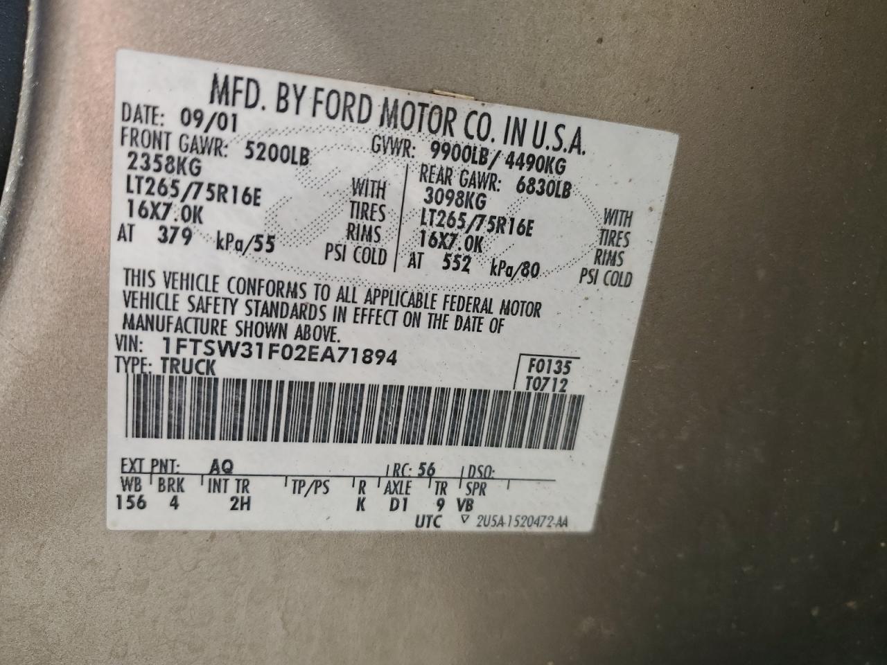 2002 Ford F350 Srw Super Duty VIN: 1FTSW31F02EA71894 Lot: 61207415