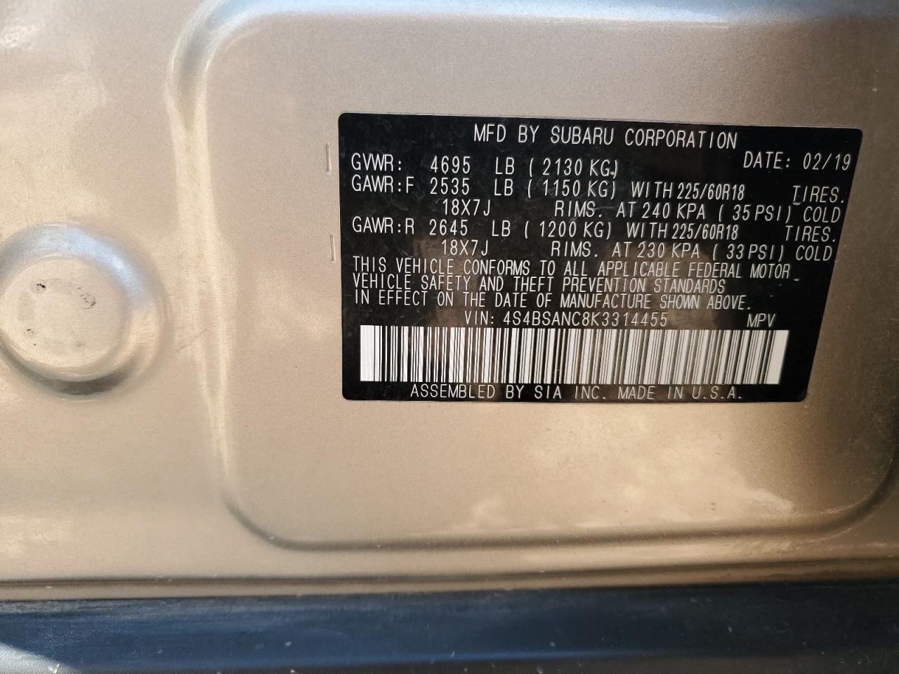SUBARU OUTBACK 2019 VIN 4S4BSANC8K3314455 photo 13