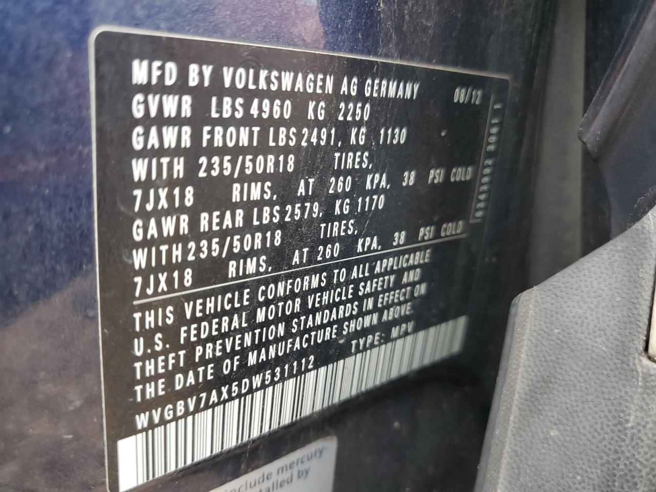 2013 Volkswagen Tiguan S VIN: WVGBV7AX5DW531112 Lot: 59178535