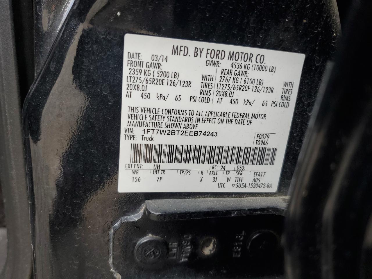2014 Ford F250 Super Duty VIN: 1FT7W2BT2EEB74243 Lot: 59986865