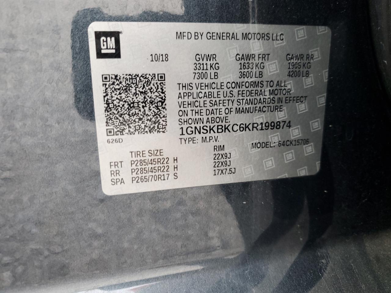 2019 Chevrolet Tahoe K1500 Lt VIN: 1GNSKBKC6KR199874 Lot: 62756585