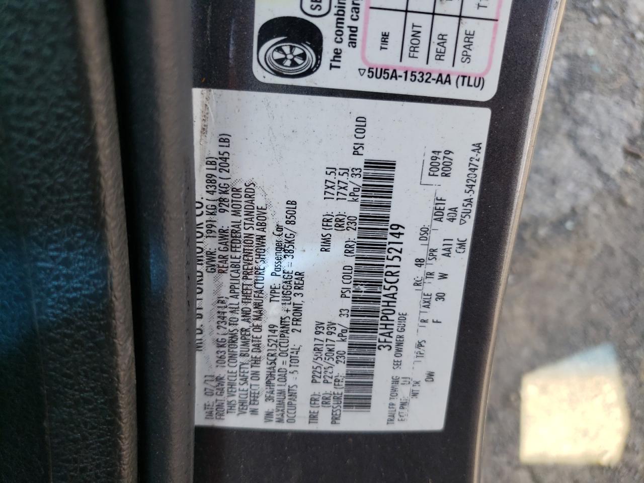 2011 Ford Fusion Se VIN: 3FAHP0HA5CR152149 Lot: 60343775