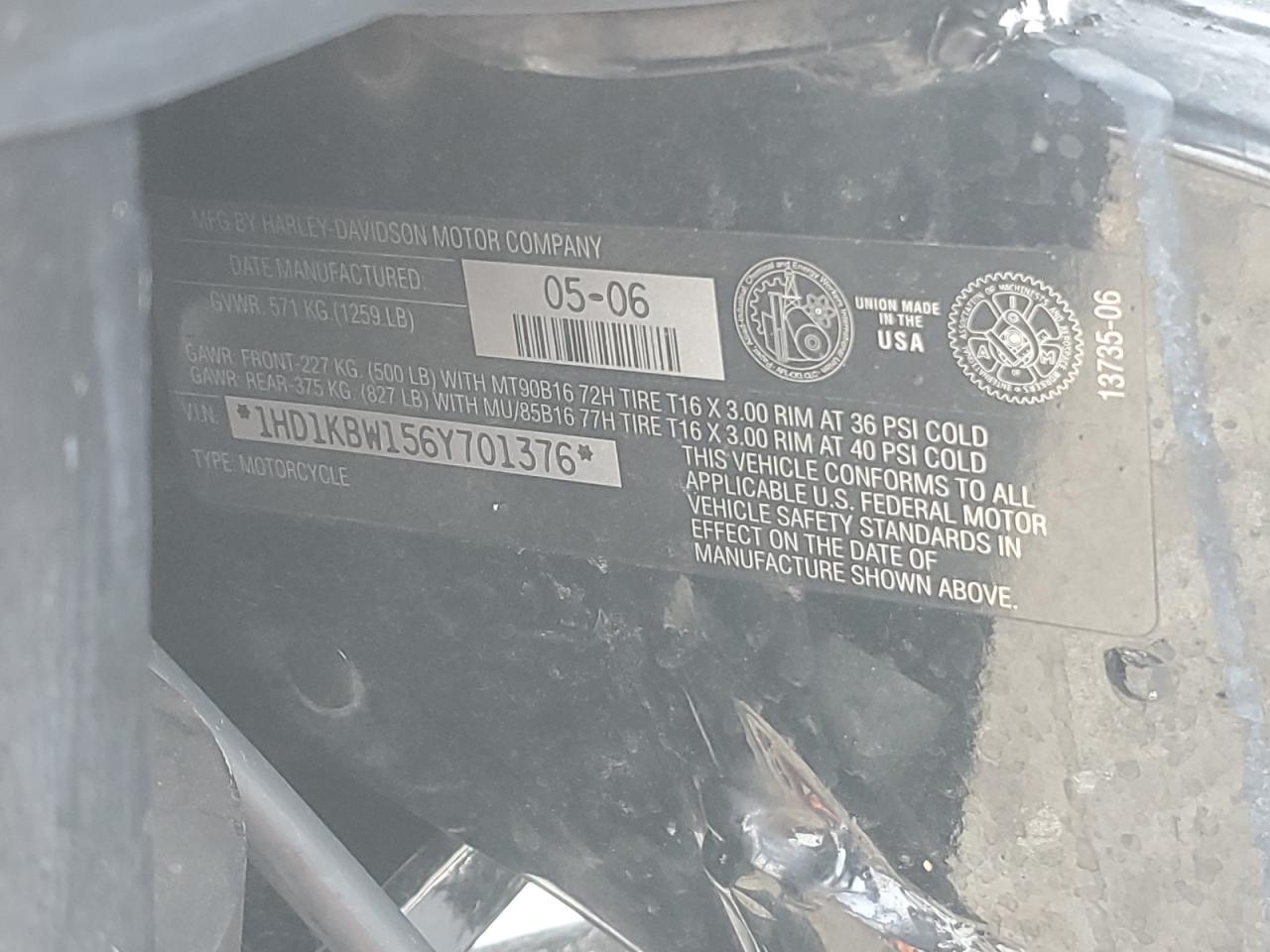 2006 Harley-Davidson Flhxi VIN: 1HD1KBW156Y701376 Lot: 59586815