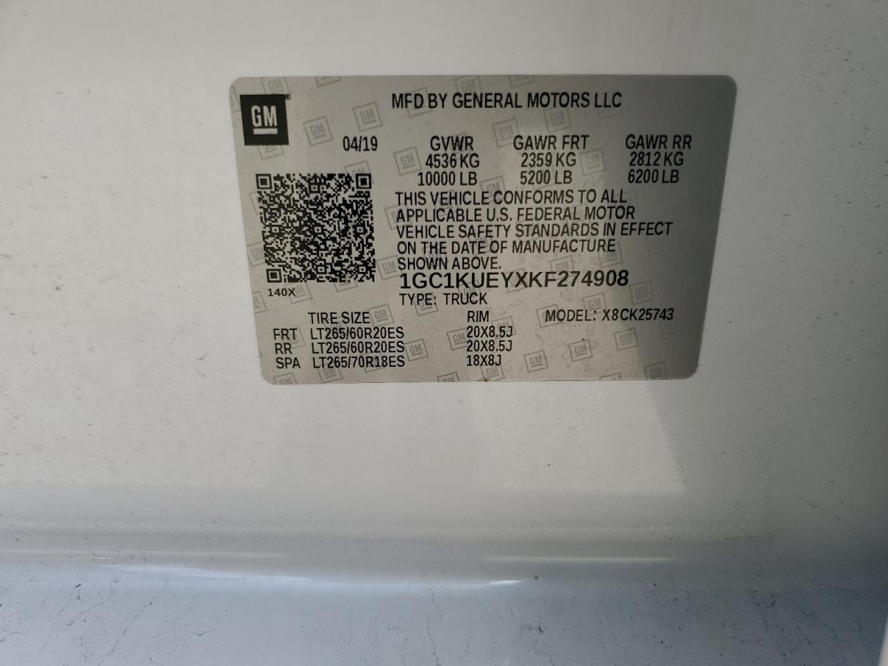 2019 Chevrolet Silverado K2500 High Country VIN: 1GC1KUEYXKF274908 Lot: 59925885