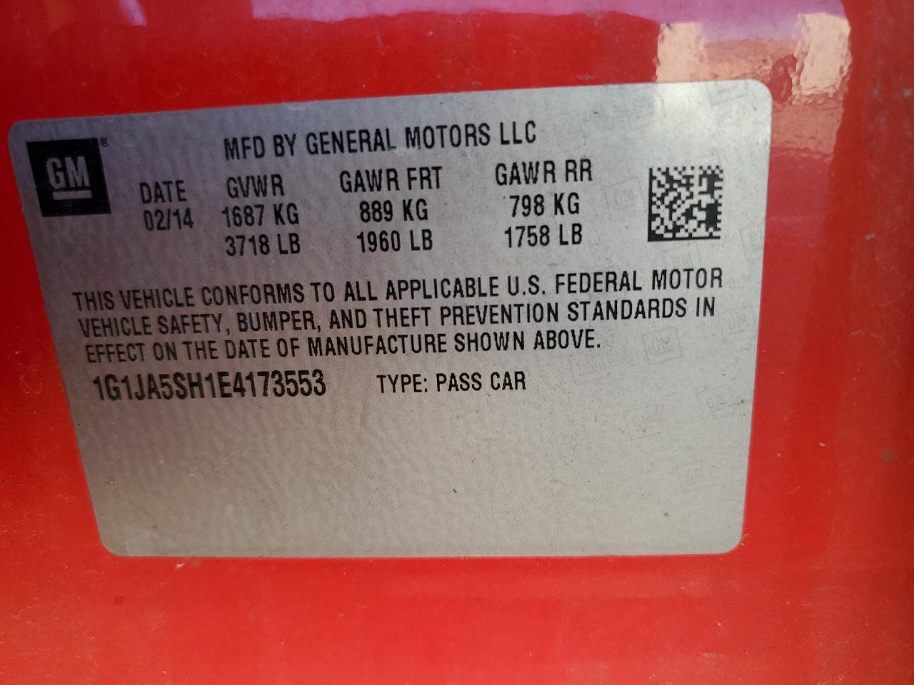 CHEVROLET SONIC 2014 VIN 1G1JA5SH1E4173553 zdjęcie 13
