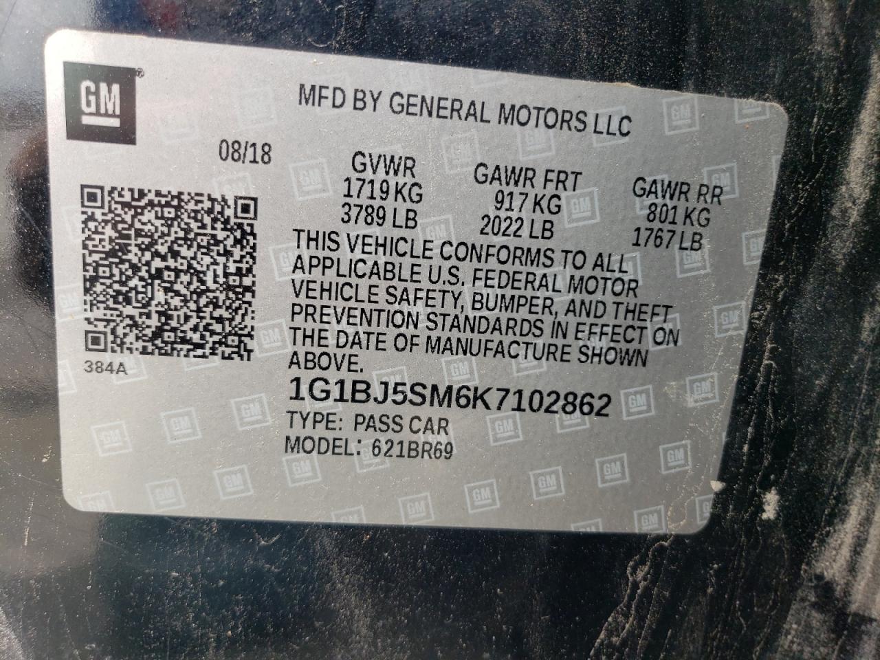 2019 Chevrolet Cruze VIN: 1G1BJ5SM6K7102862 Lot: 62697425
