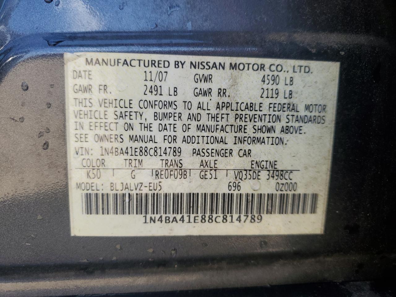 NISSAN MAXIMA 2008 VIN 1N4BA41E88C814789 фото 13
