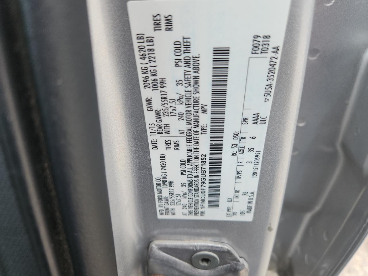 2016 Ford Escape S VIN: 1FMCU0F79GUB71852 Lot: 62690865