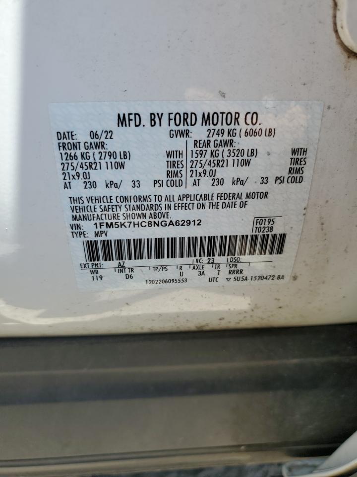 2022 Ford Explorer Platinum VIN: 1FM5K7HC8NGA62912 Lot: 61357235