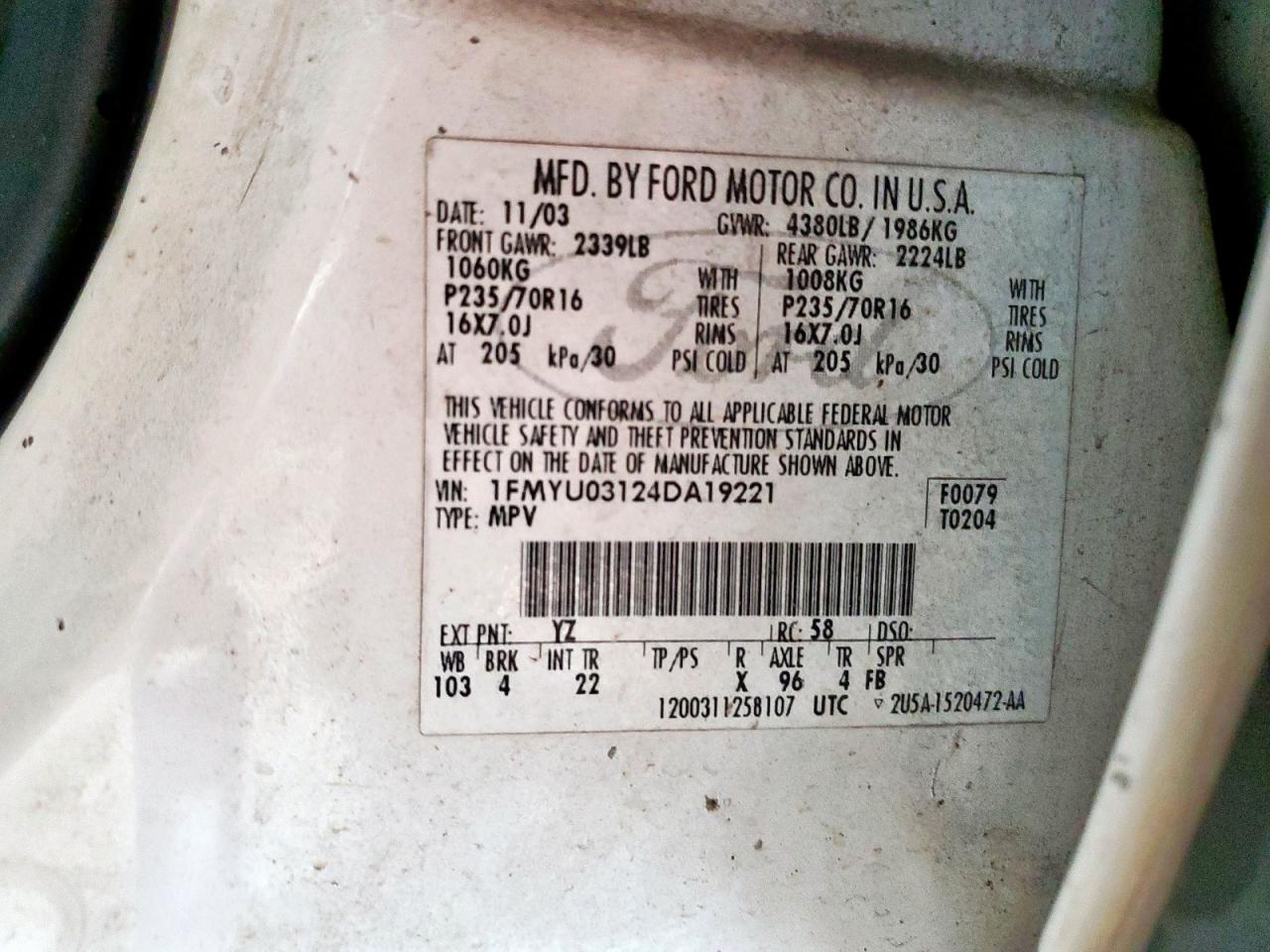 2004 Ford Escape Xlt VIN: 1FMYU03124DA19221 Lot: 62612775