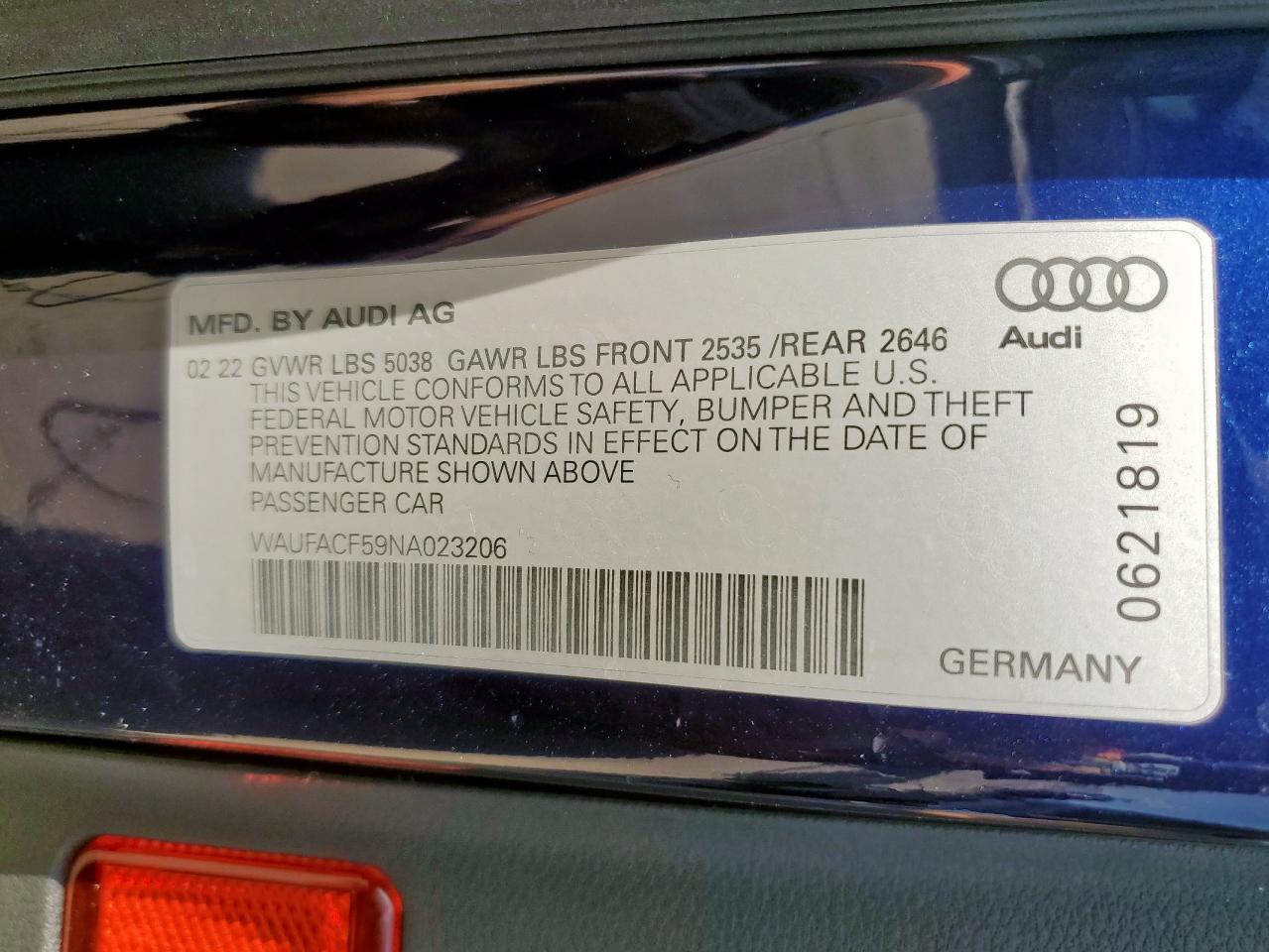 2022 Audi A5 Premium Plus 45 VIN: WAUFACF59NA023206 Lot: 61268035