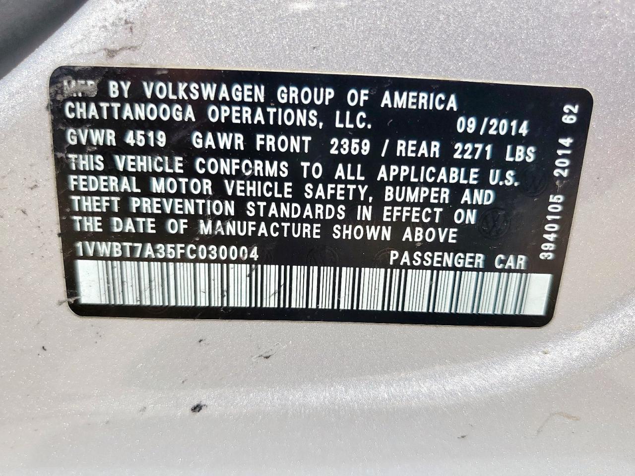 2015 Volkswagen Passat Se VIN: 1VWBT7A35FC030004 Lot: 61074695