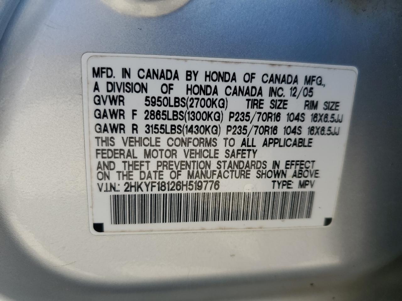 2006 Honda Pilot Lx VIN: 2HKYF18126H519776 Lot: 62408265