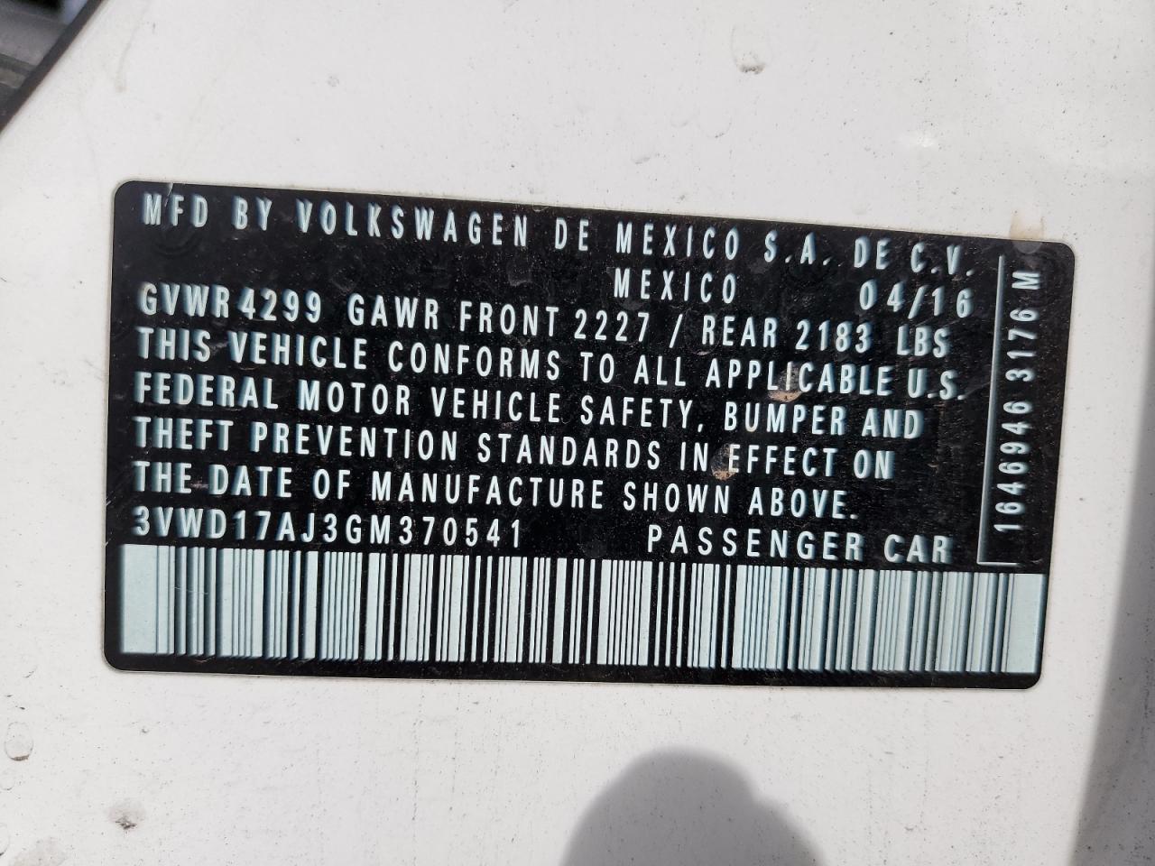 2016 Volkswagen Jetta Sport VIN: 3VWD17AJ3GM370541 Lot: 60903875