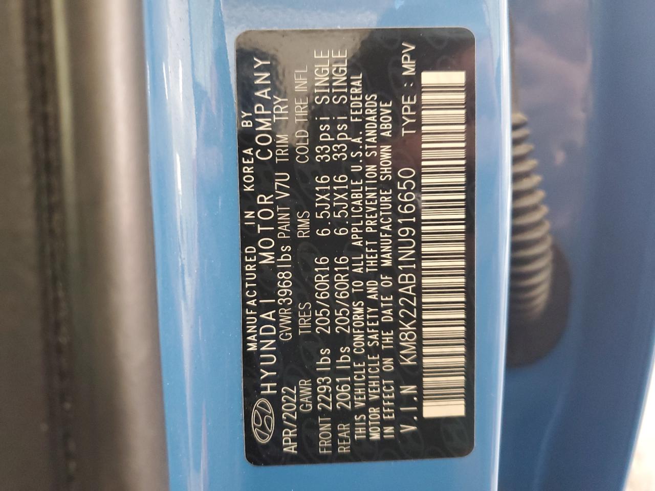 2022 Hyundai Kona Sel VIN: KM8K22AB1NU916650 Lot: 62870465