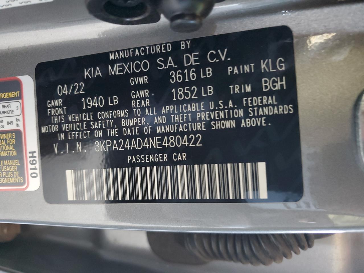2022 Kia Rio Lx VIN: 3KPA24AD4NE480422 Lot: 61787985