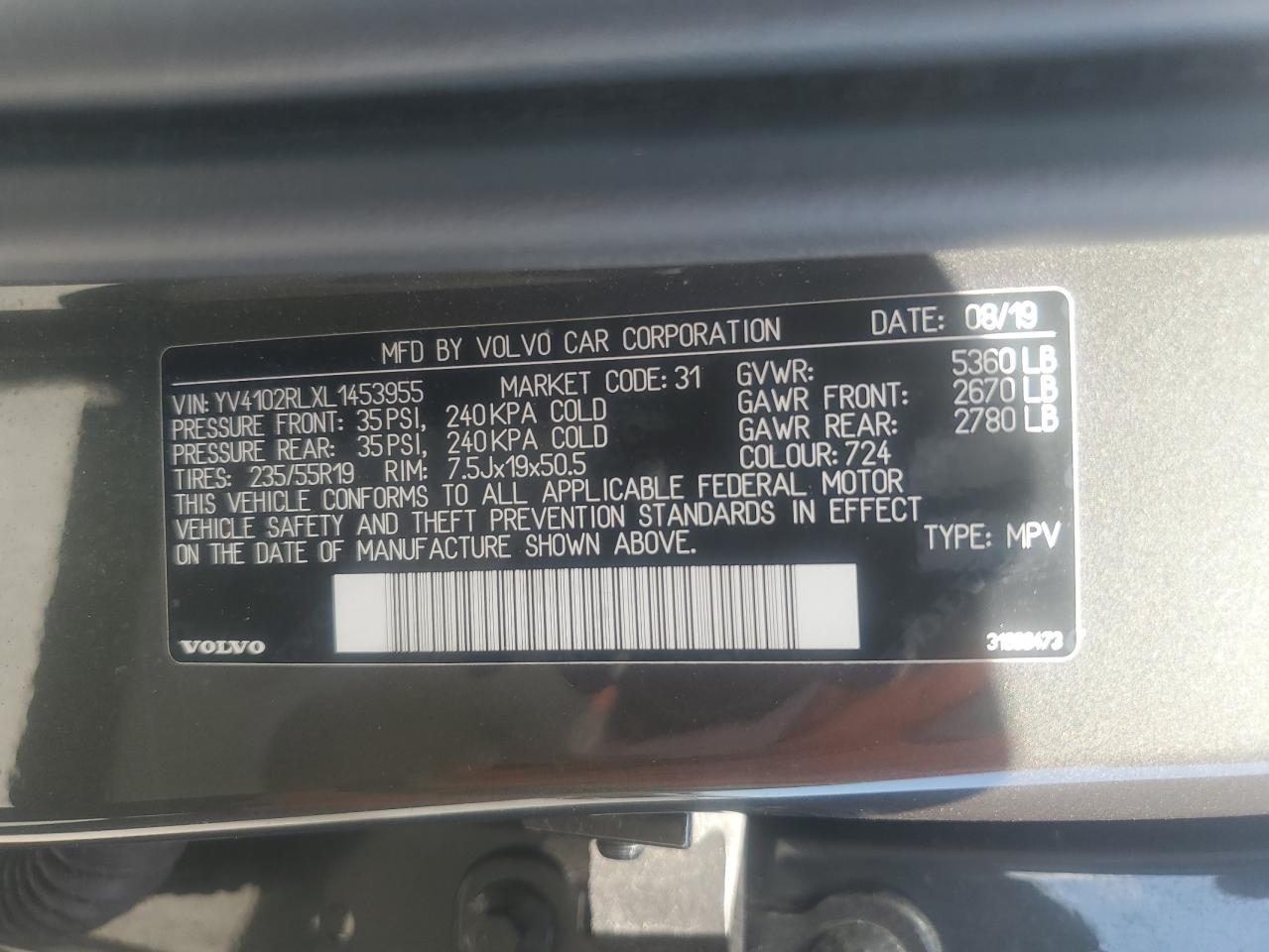 2020 Volvo Xc60 T5 Inscription VIN: YV4102RLXL1453955 Lot: 62158305