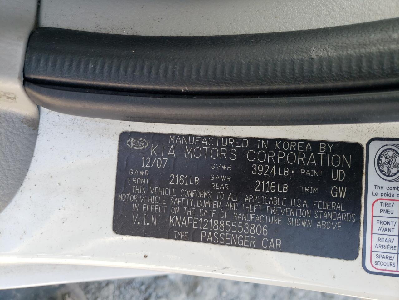 2008 Kia Spectra Ex VIN: KNAFE121885553806 Lot: 62473345