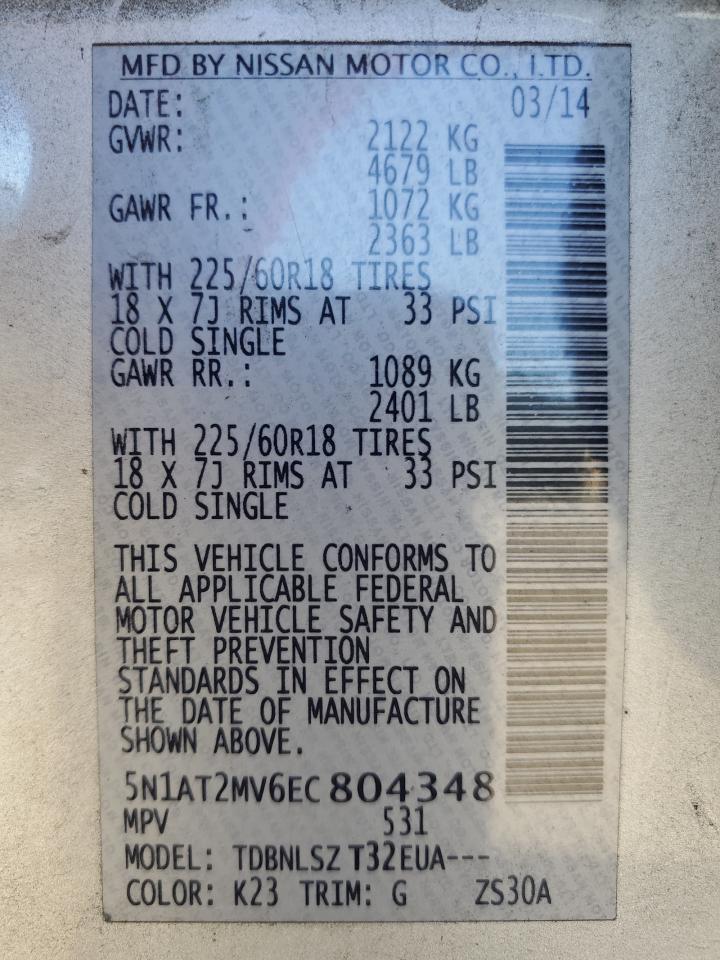 2014 Nissan Rogue S VIN: 5N1AT2MV6EC804348 Lot: 61118125