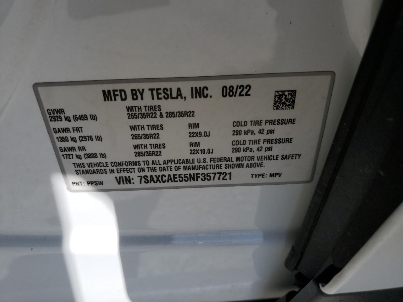 2022 Tesla Model X VIN: 7SAXCAE55NF357721 Lot: 61814275