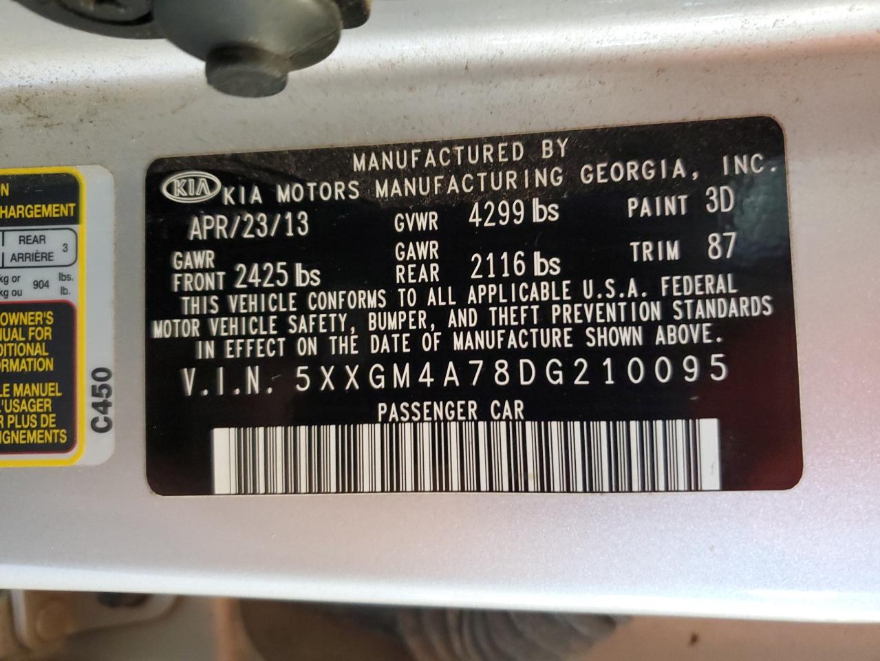 2013 Kia Optima Lx VIN: 5XXGM4A78DG210095 Lot: 62979175