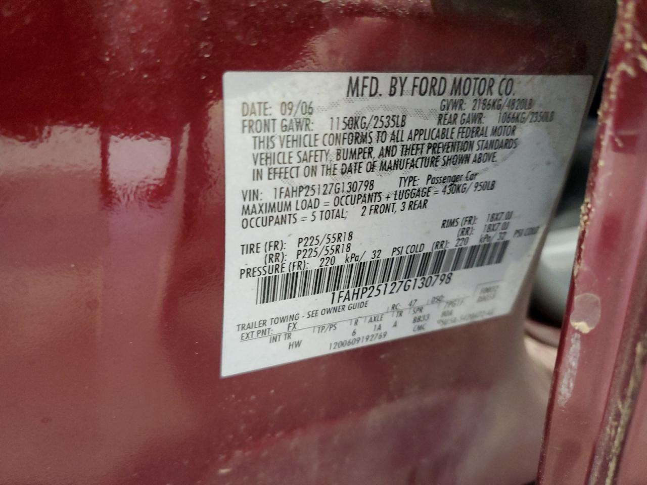 2007 Ford Five Hundred Limited VIN: 1FAHP25127G130798 Lot: 60360345