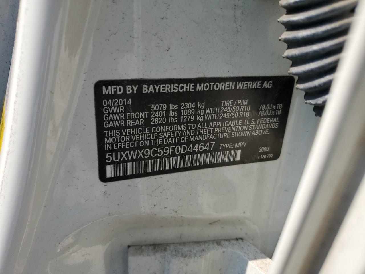 2015 BMW X3 xDrive28I VIN: 5UXWX9C59F0D44647 Lot: 62834115
