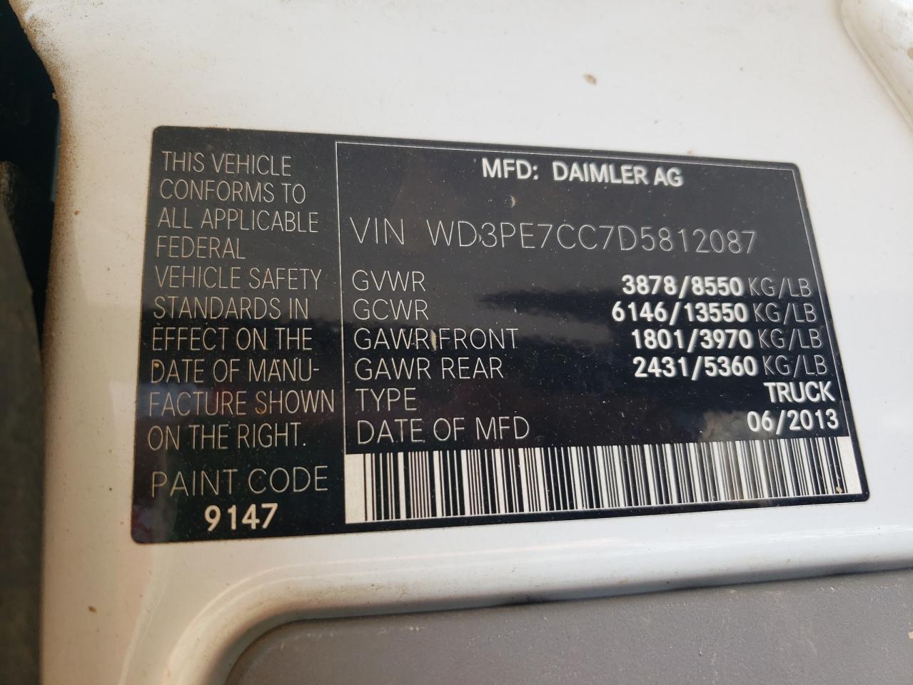 2013 Mercedes-Benz Sprinter 2500 VIN: WD3PE7CC7D5812087 Lot: 58739855