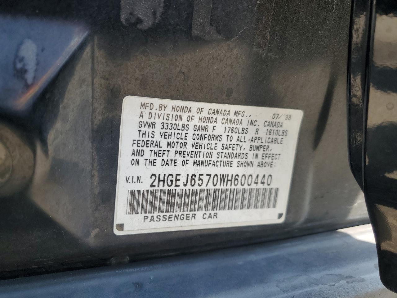 1998 Honda Civic Lx VIN: 2HGEJ6570WH600440 Lot: 59898505