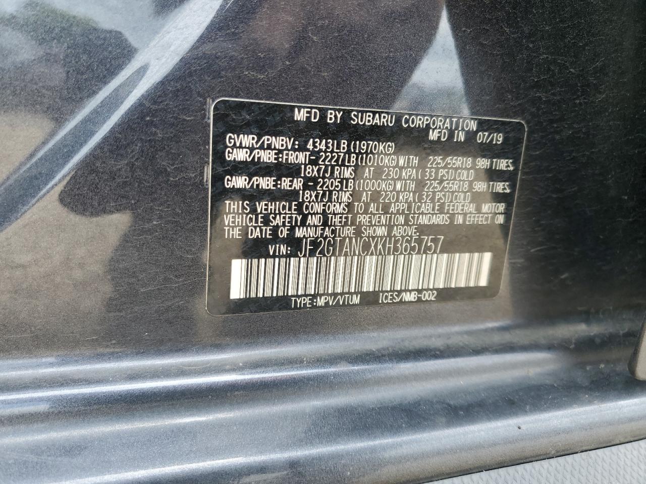 2019 Subaru Crosstrek Limited VIN: JF2GTANCXKH365757 Lot: 61555635