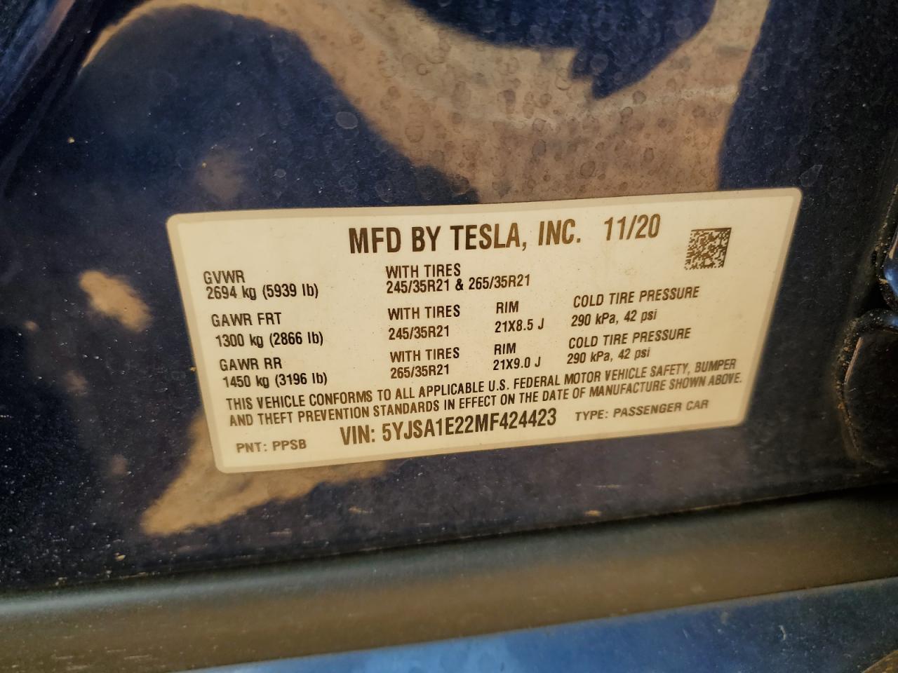 2021 Tesla Model S VIN: 5YJSA1E22MF424423 Lot: 62090975