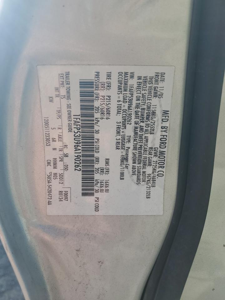 2006 Ford Taurus Se VIN: 1FAFP53U96A190262 Lot: 61898165