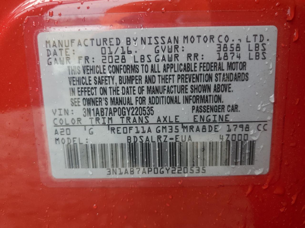 2016 Nissan Sentra S VIN: 3N1AB7AP0GY220535 Lot: 62474615